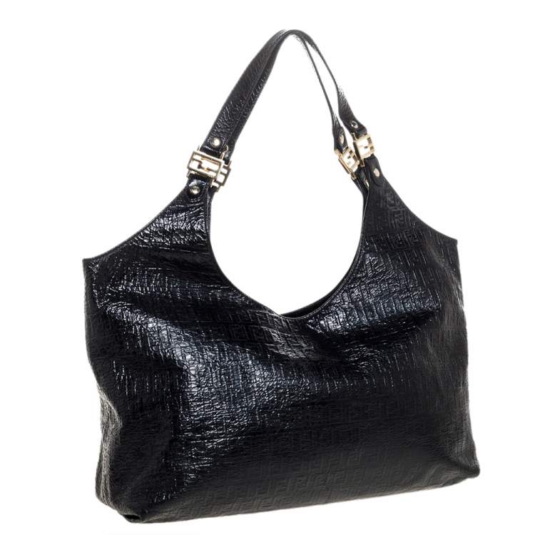 Pre Owned Fendi Black Zucchino Embossed Leather Shoulder Bag