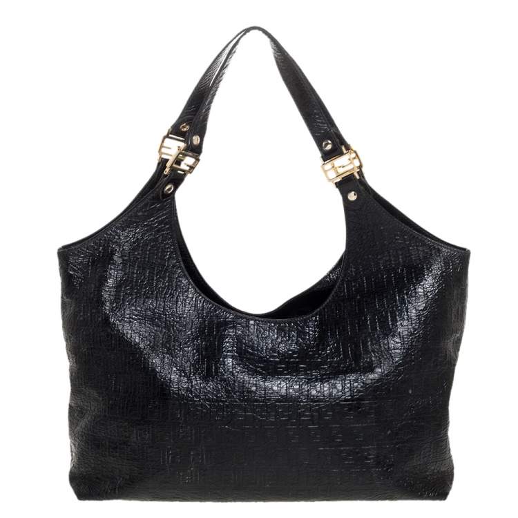 Pre Owned Fendi Black Zucchino Embossed Leather Shoulder Bag