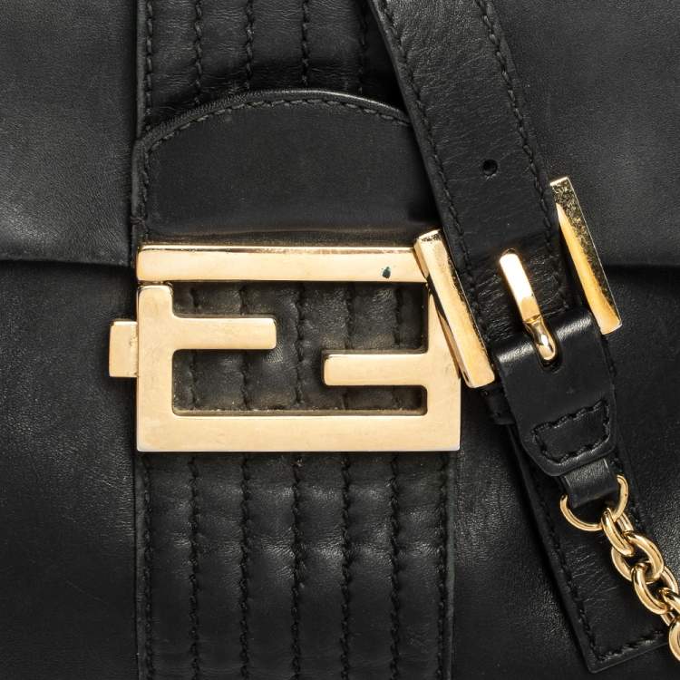 Pre Owned Fendi Black Leather Maxi Baguette Flap Shoulder Bag