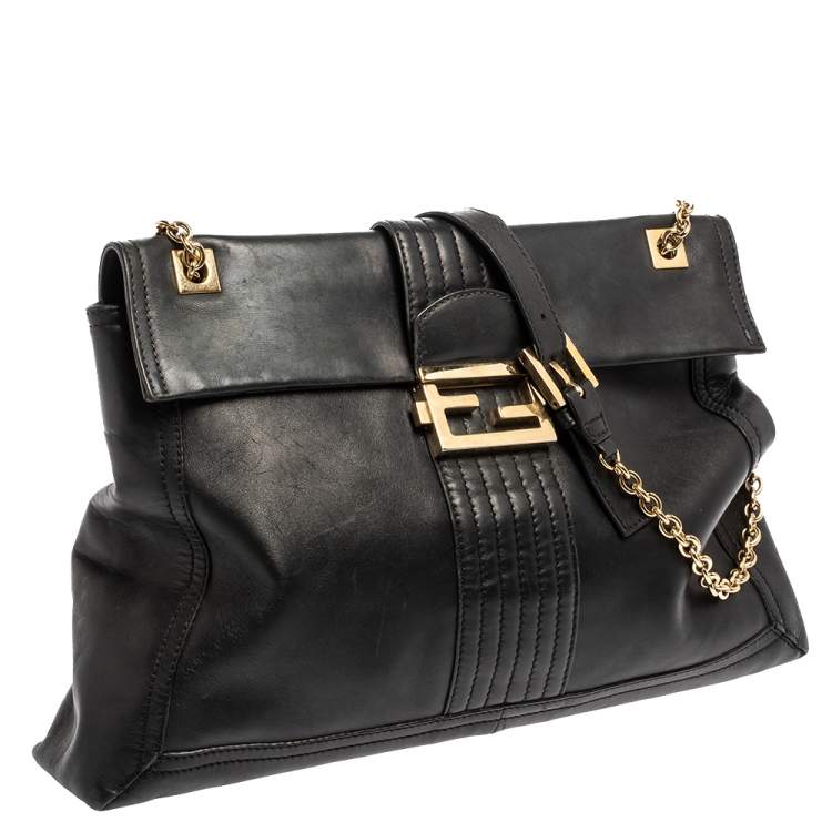 Pre Owned Fendi Black Leather Maxi Baguette Flap Shoulder Bag