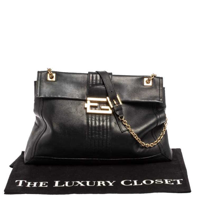 Pre Owned Fendi Black Leather Maxi Baguette Flap Shoulder Bag