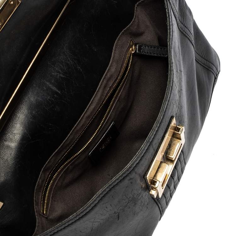 Pre Owned Fendi Black Leather Maxi Baguette Flap Shoulder Bag