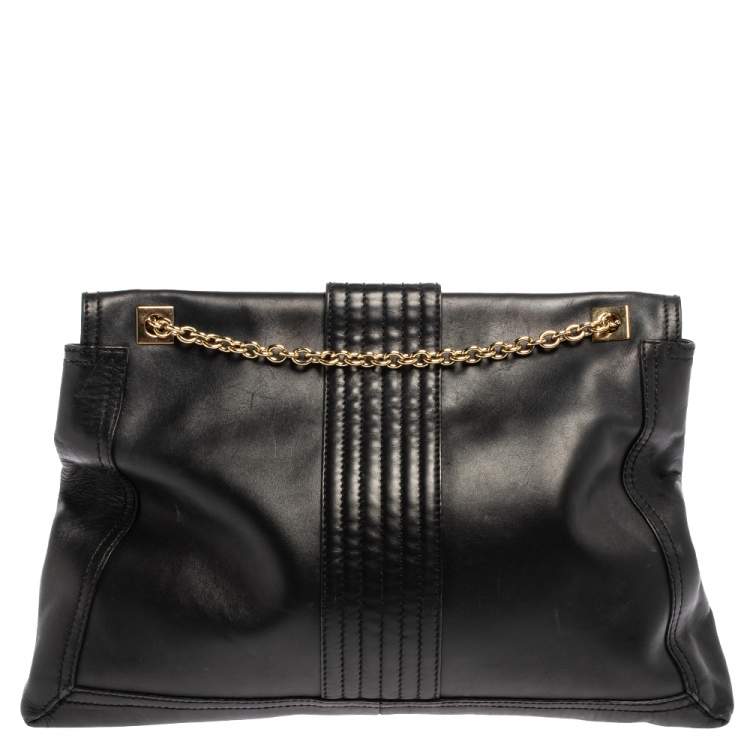 Pre Owned Fendi Black Leather Maxi Baguette Flap Shoulder Bag