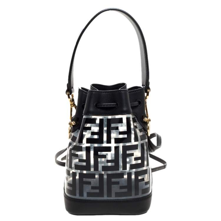 Pre Owned Fendi Black Zucca Pvc and Leather Mini Mon Tresor Drawstring Bucket Bag