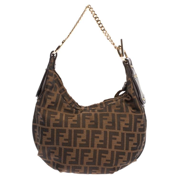 Pre Owned Fendi Brown/Gold Zucca Canvas and Leather Chef Chain Link Hobo