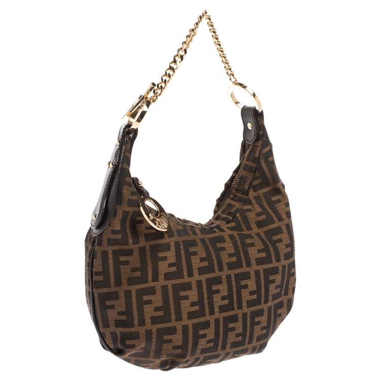 Pre Owned Fendi Brown/Gold Zucca Canvas and Leather Chef Chain Link Hobo