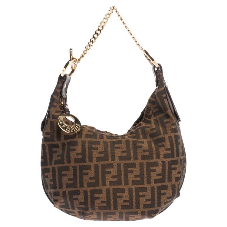 Pre Owned Fendi Brown/Gold Zucca Canvas and Leather Chef Chain Link Hobo