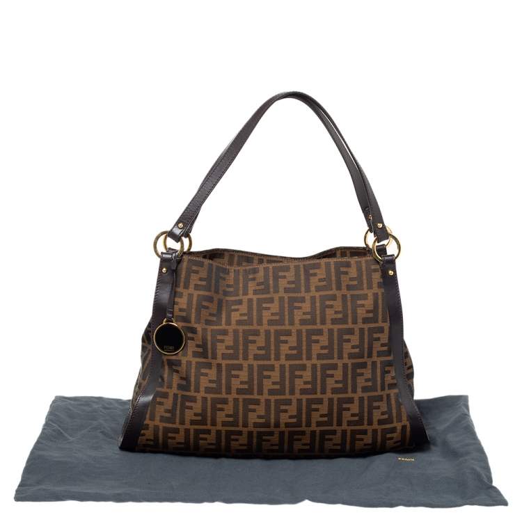 Pre Owned Fendi Tobacco Zucca Canvas and Leather Logo Charm Shoulder Bag