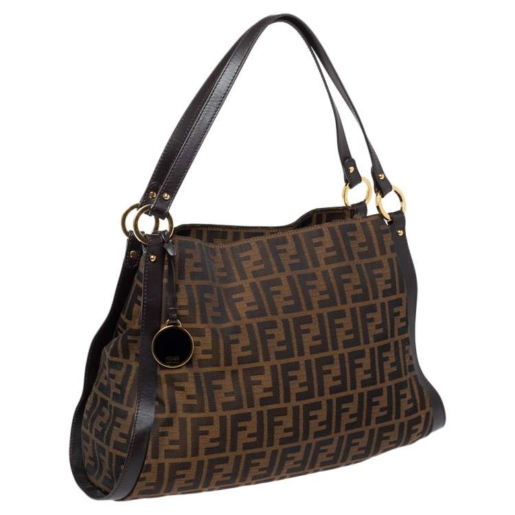 Pre Owned Fendi Tobacco Zucca Canvas and Leather Logo Charm Shoulder Bag