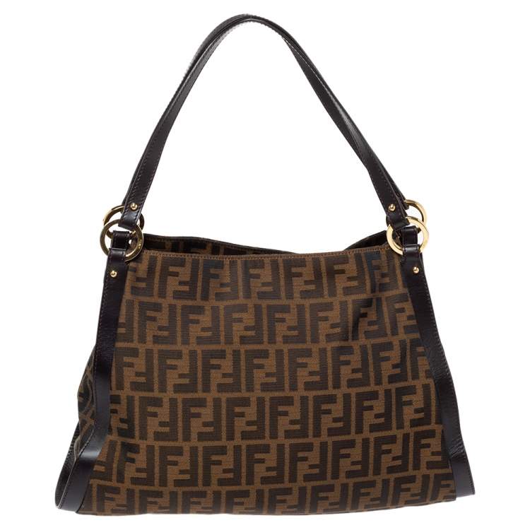 Pre Owned Fendi Tobacco Zucca Canvas and Leather Logo Charm Shoulder Bag