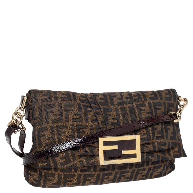 Pre Owned Fendi Tobacco Zucca Canvas and Patent Leather Mia Crossbody Bag