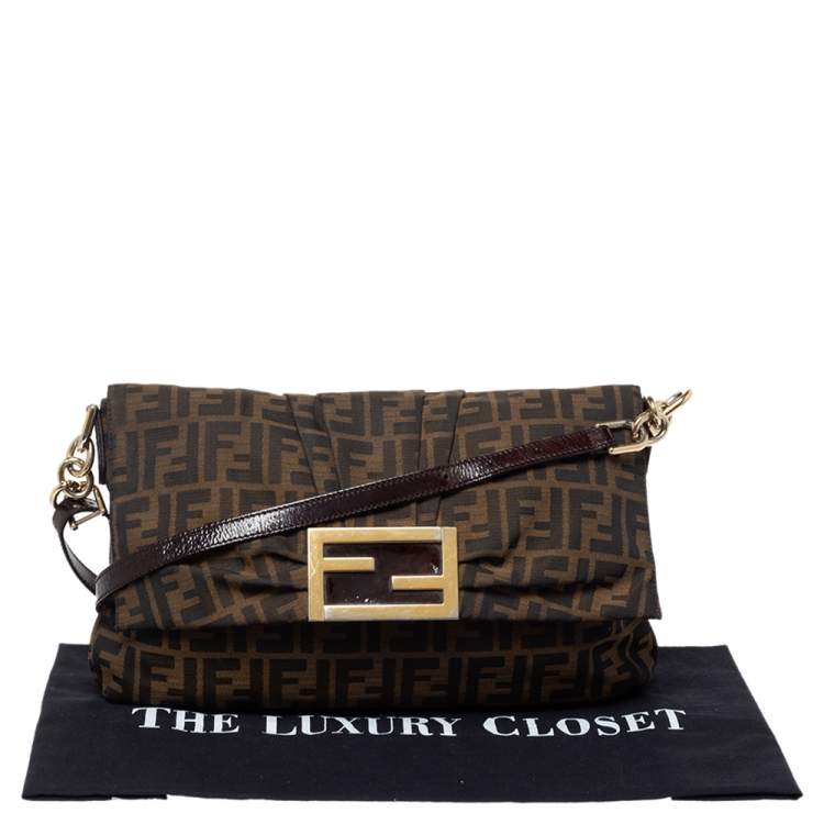 Pre Owned Fendi Tobacco Zucca Canvas and Patent Leather Mia Crossbody Bag