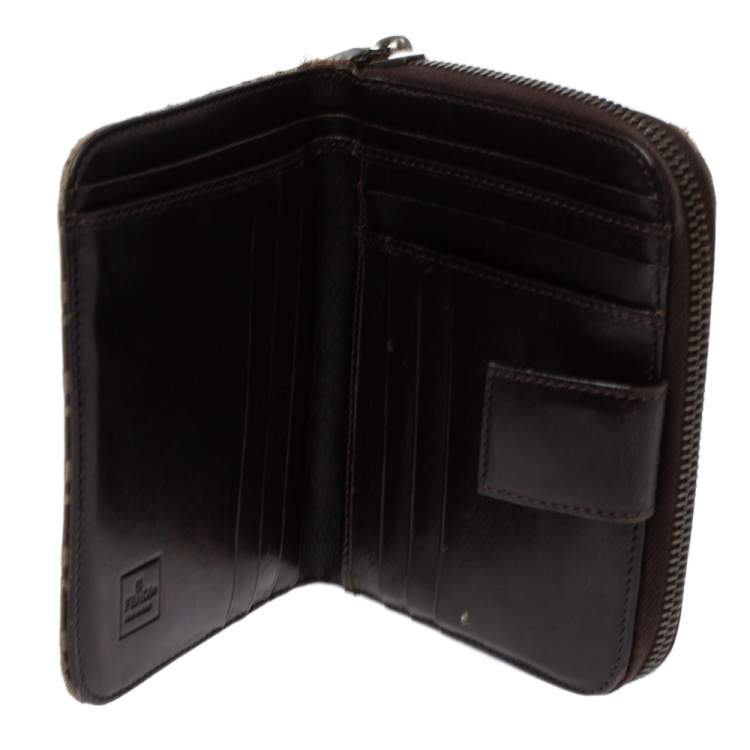 Pre Owned Fendi Beige/Brown Zucchino Canvas and Leather Compact Wallet