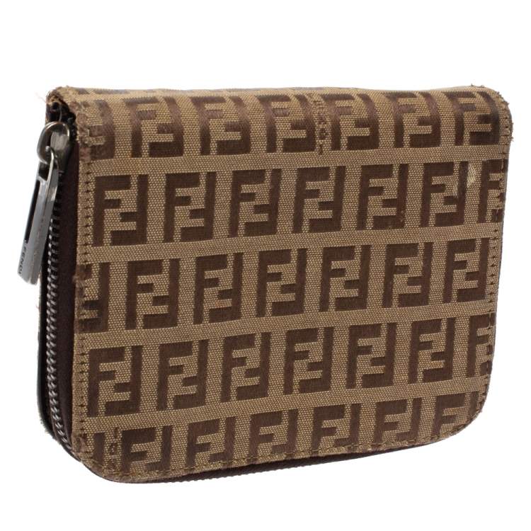Pre Owned Fendi Beige/Brown Zucchino Canvas and Leather Compact Wallet