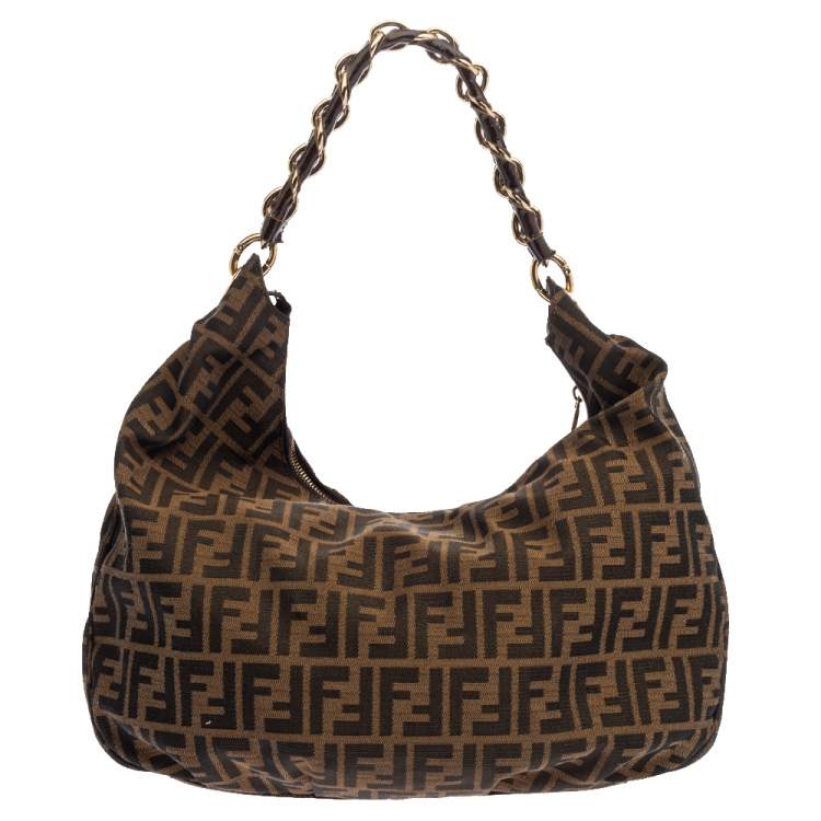 Pre Owned Fendi Tobacco  Zucca Canvas and Patent Leather Mia Hobo