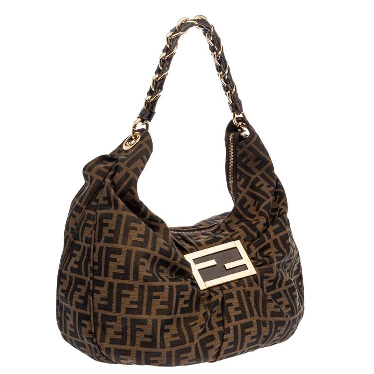 Pre Owned Fendi Tobacco  Zucca Canvas and Patent Leather Mia Hobo