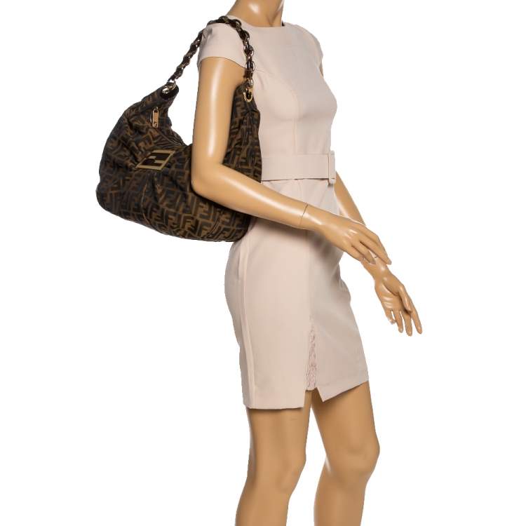 Pre Owned Fendi Tobacco  Zucca Canvas and Patent Leather Mia Hobo