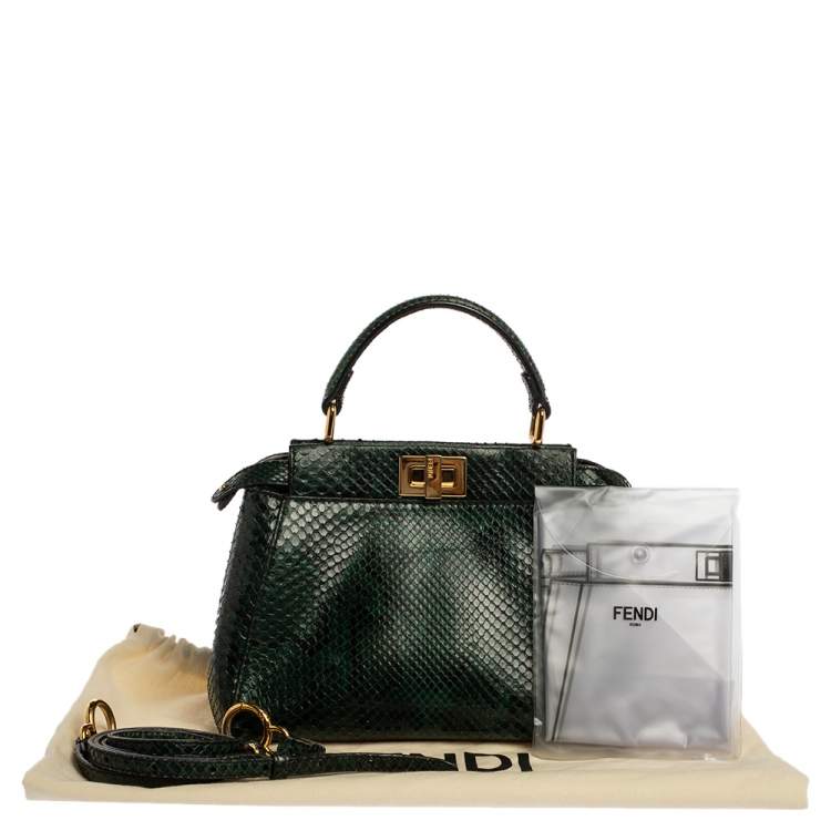 Pre Owned Fendi Green Python Mini Peekaboo Top Handle Bag