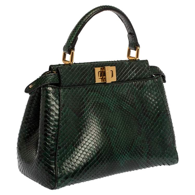 Pre Owned Fendi Green Python Mini Peekaboo Top Handle Bag