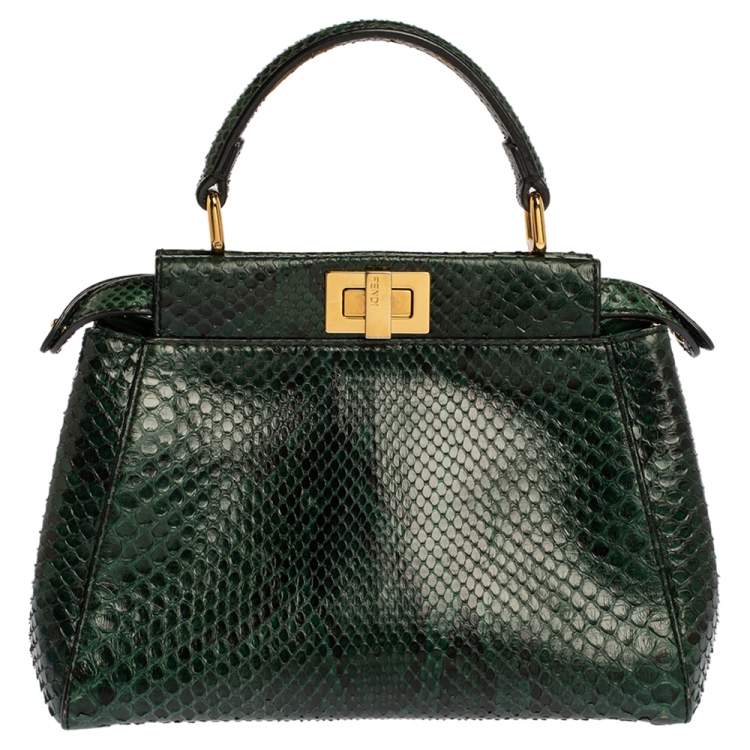 Pre Owned Fendi Green Python Mini Peekaboo Top Handle Bag