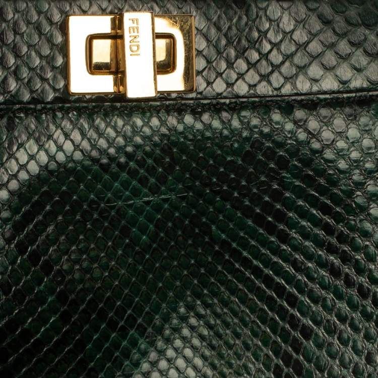Pre Owned Fendi Green Python Mini Peekaboo Top Handle Bag