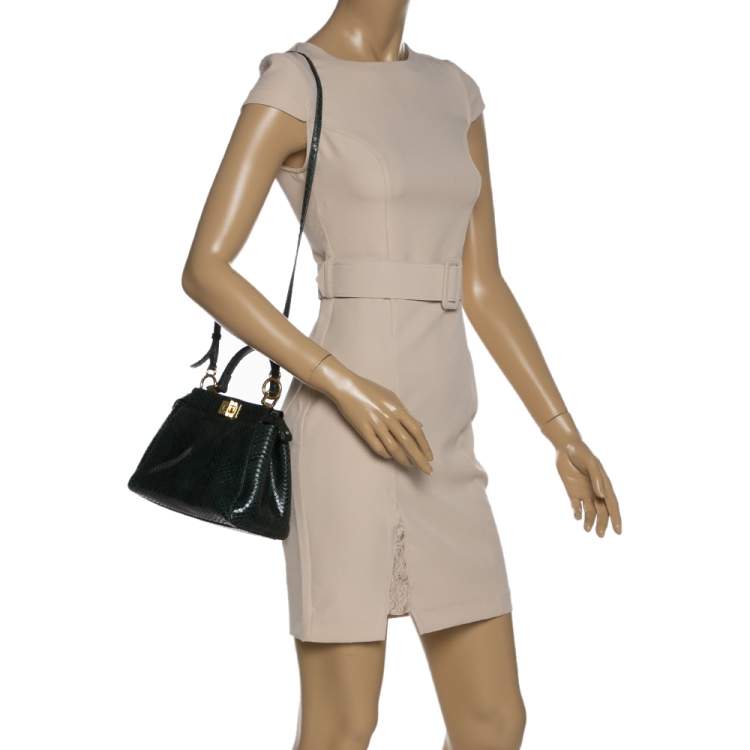 Pre Owned Fendi Green Python Mini Peekaboo Top Handle Bag