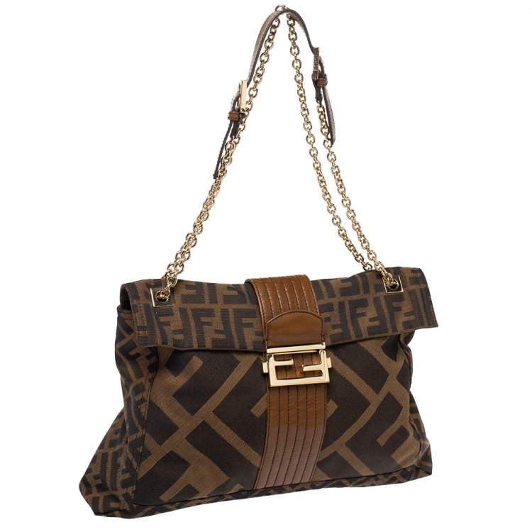 Pre Owned Fendi Tobacco Zucca Canvas Maxi Baguette Flap Shoulder Bag