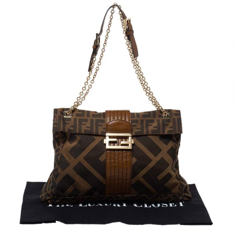 Pre Owned Fendi Tobacco Zucca Canvas Maxi Baguette Flap Shoulder Bag