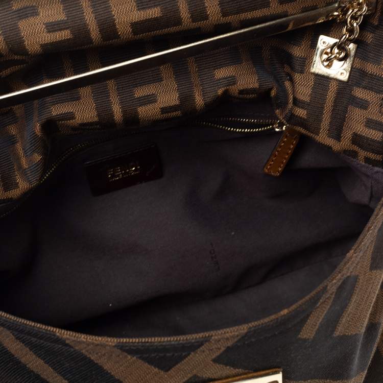 Pre Owned Fendi Tobacco Zucca Canvas Maxi Baguette Flap Shoulder Bag