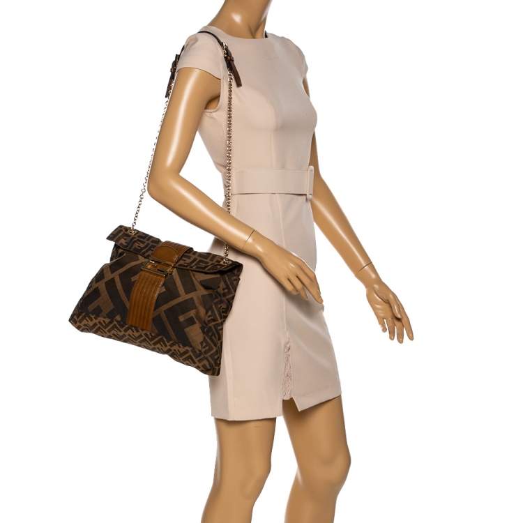 Pre Owned Fendi Tobacco Zucca Canvas Maxi Baguette Flap Shoulder Bag