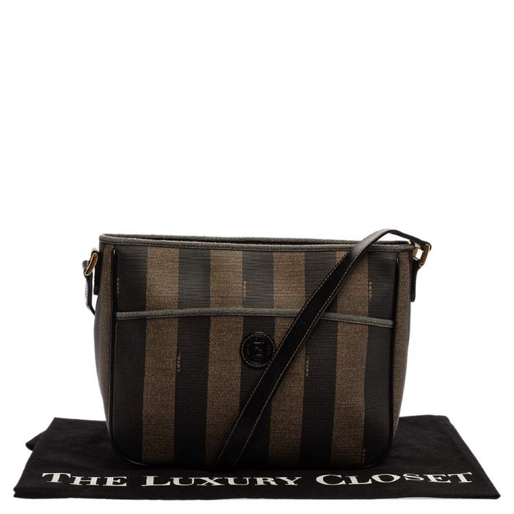 Pre Owned Fendi Black/Tobacco Pequin Striped Coated Canvas Vintage Crossbody Bag