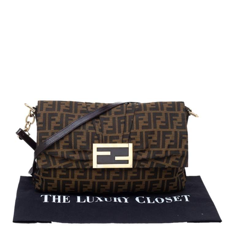 Pre Owned Fendi Tobacco Zucca Canvas and Patent Leather Mia Flap Bag