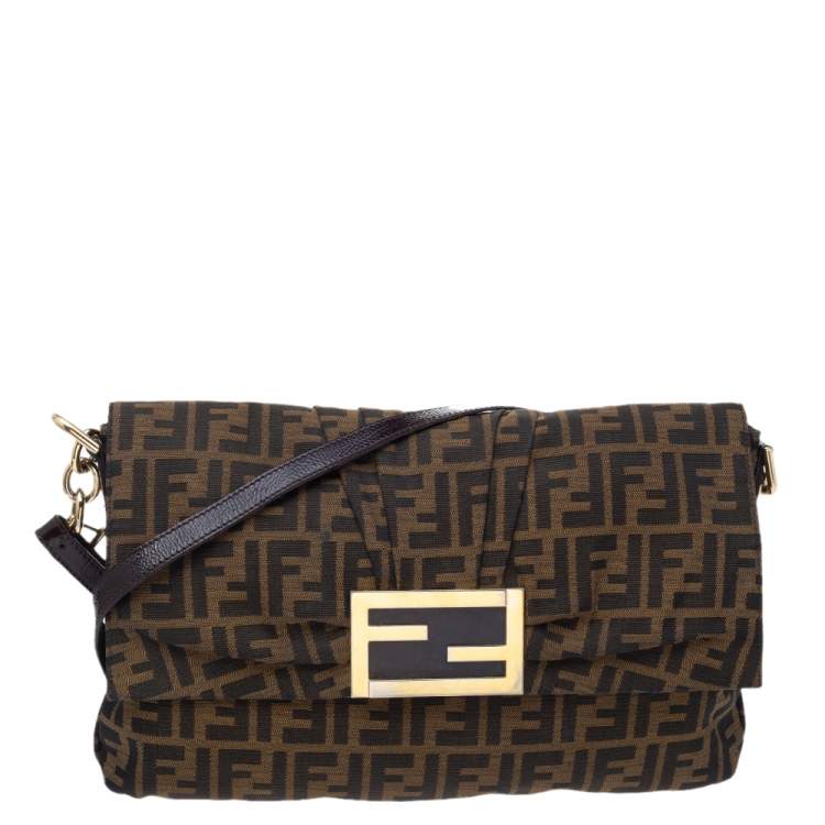 Pre Owned Fendi Tobacco Zucca Canvas and Patent Leather Mia Flap Bag