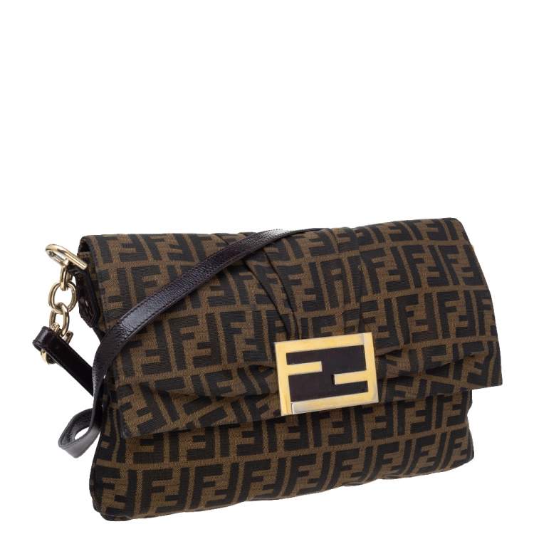 Pre Owned Fendi Tobacco Zucca Canvas and Patent Leather Mia Flap Bag