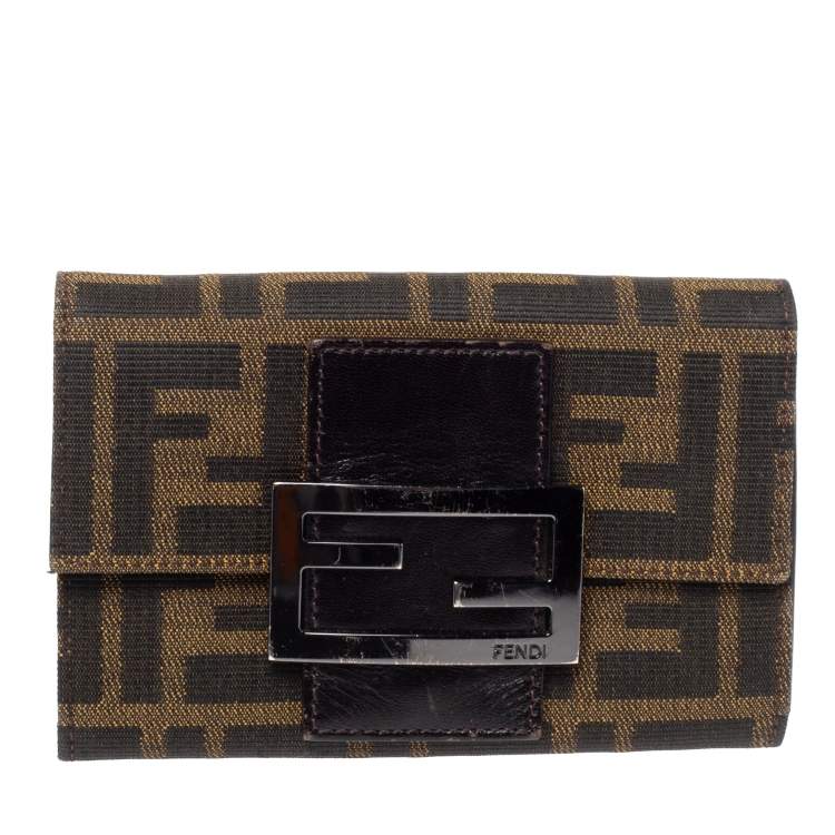 Pre Owned Fendi Tobacco Zucca Canvas and Leather Compact Wallet