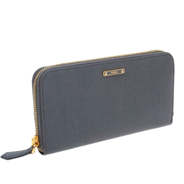 Pre Owned Fendi Grey Leather Zip Around Continental Wallet