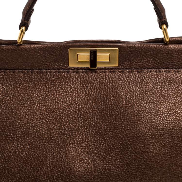 Pre Owned Fendi Bronze Selleria Leather Large Peekaboo Top Handle Bag