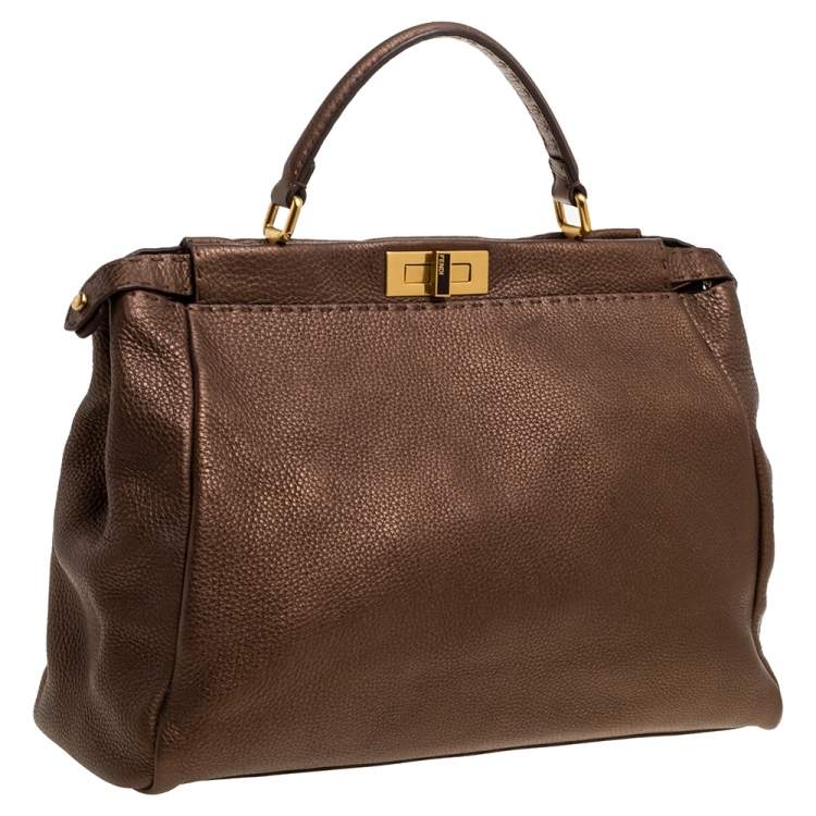Pre Owned Fendi Bronze Selleria Leather Large Peekaboo Top Handle Bag