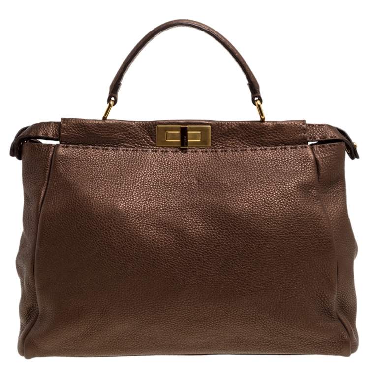 Pre Owned Fendi Bronze Selleria Leather Large Peekaboo Top Handle Bag