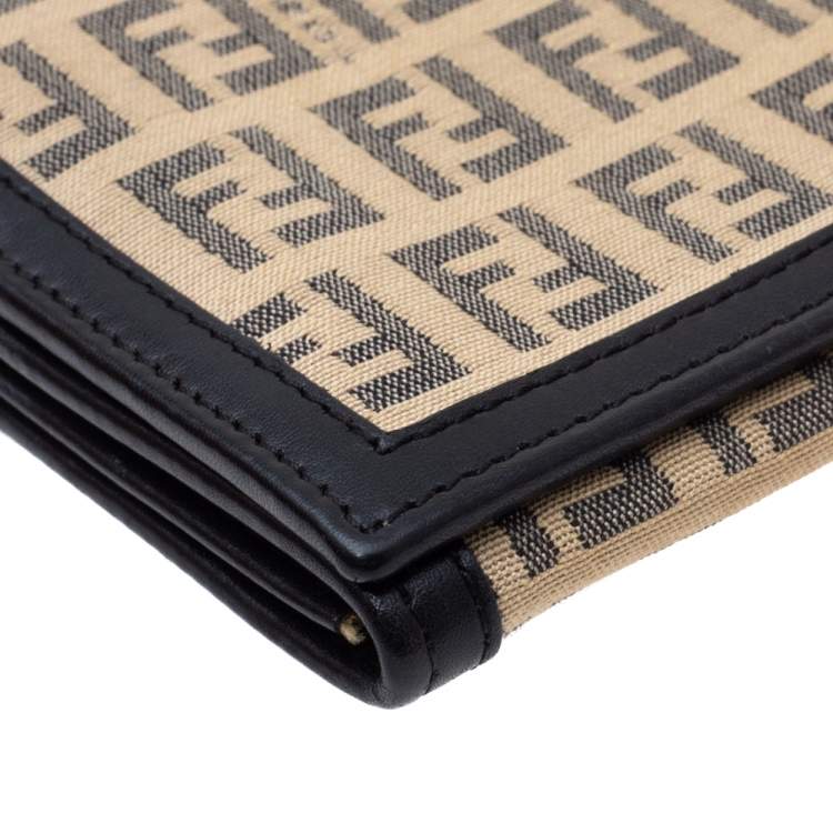Pre Owned Fendi Black/Beige Zucchino Canvas and Leather Flap Continental Wallet