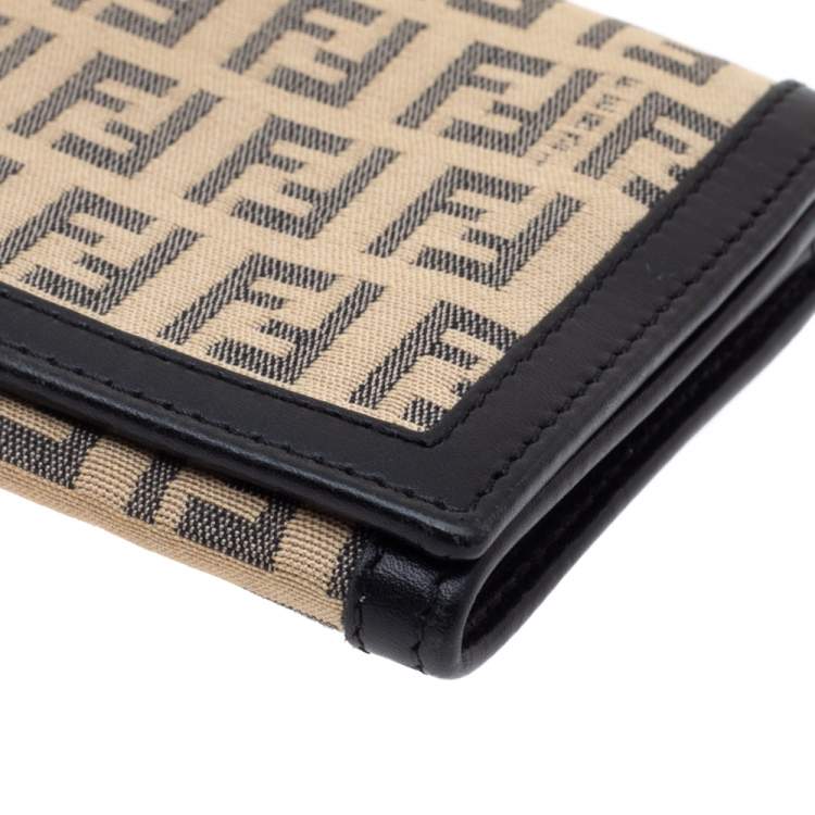 Pre Owned Fendi Black/Beige Zucchino Canvas and Leather Flap Continental Wallet