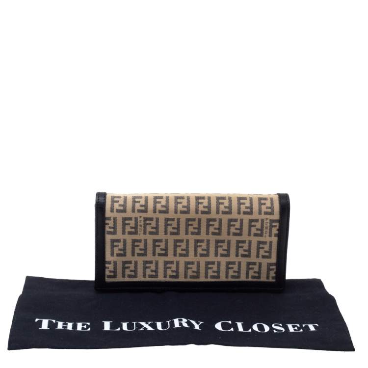 Pre Owned Fendi Black/Beige Zucchino Canvas and Leather Flap Continental Wallet