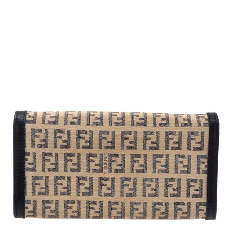 Pre Owned Fendi Black/Beige Zucchino Canvas and Leather Flap Continental Wallet