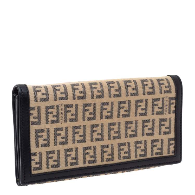 Pre Owned Fendi Black/Beige Zucchino Canvas and Leather Flap Continental Wallet