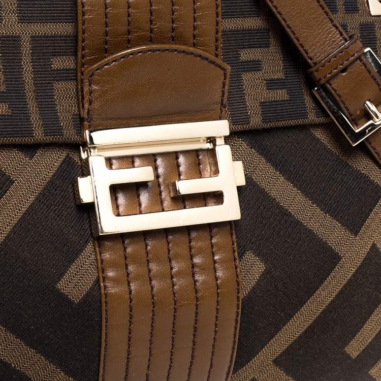 Pre Owned Fendi Tobacco Zucca Canvas and Leather Maxi Baguette Flap Shoulder Bag