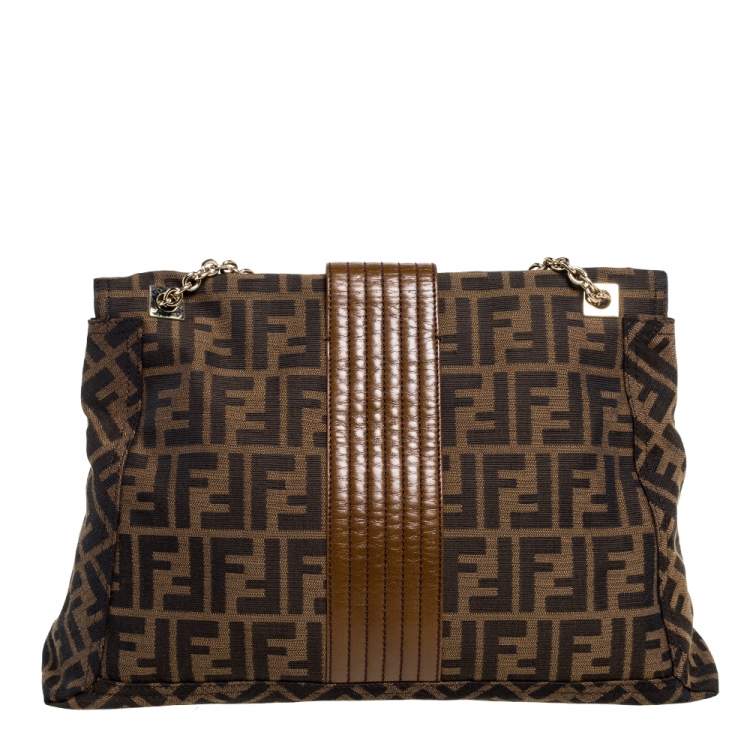 Pre Owned Fendi Tobacco Zucca Canvas and Leather Maxi Baguette Flap Shoulder Bag