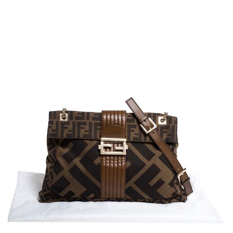 Pre Owned Fendi Tobacco Zucca Canvas and Leather Maxi Baguette Flap Shoulder Bag