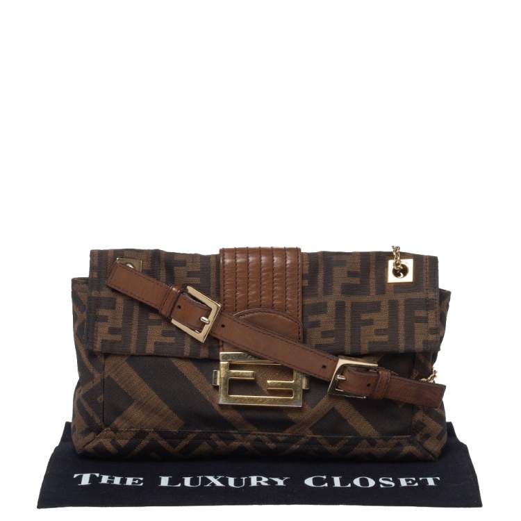 Pre Owned Fendi Brown Zucca Canvas and Leather Baguette Chain Shoulder Bag