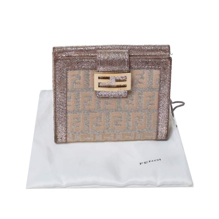 Pre Owned Fendi Silver/Beige Zuchino Shimmer Canvas and Leather Flap Compact Wallet