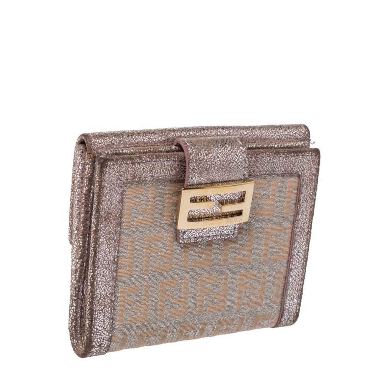 Pre Owned Fendi Silver/Beige Zuchino Shimmer Canvas and Leather Flap Compact Wallet